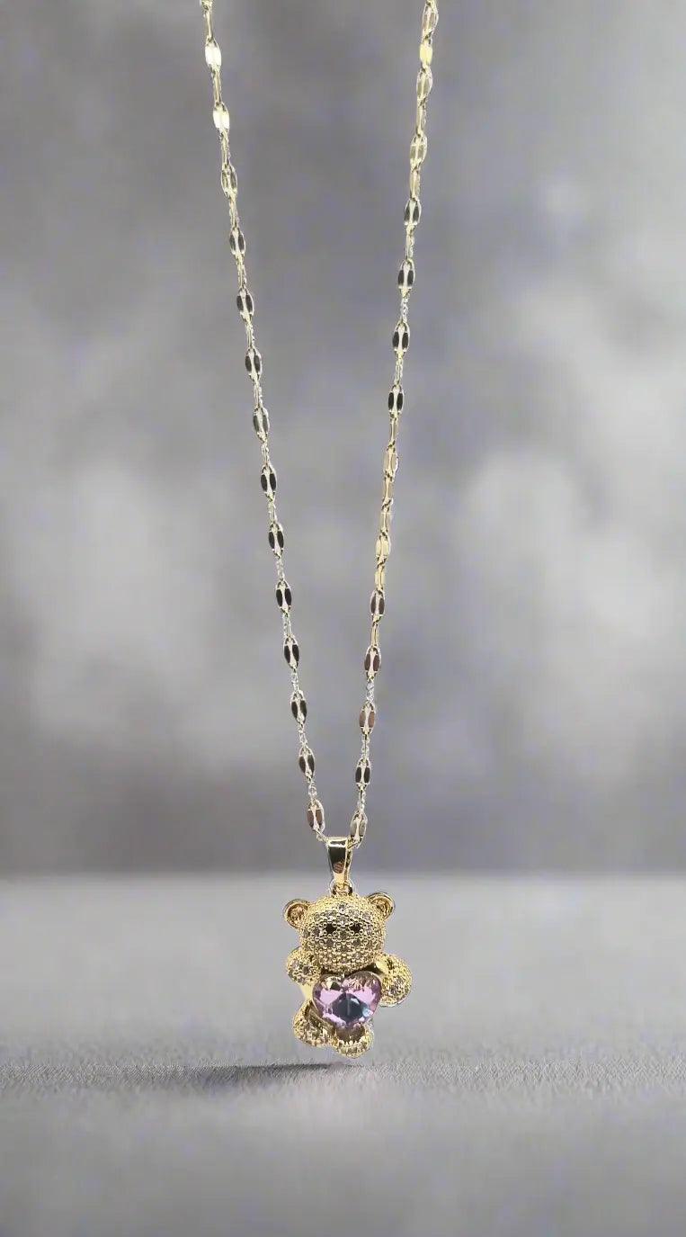 Halskette mit Bärenanhänger und Steinherz - König Jewelry